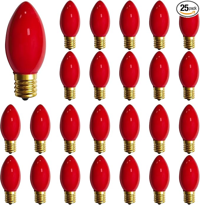 C9 Red Christmas Light Bulbs, 25 Pack C9 Incandescent Replacement Bulbs for Christmas String Light, E17 Intermediate Base, 7Watt Night Lights Bulbs