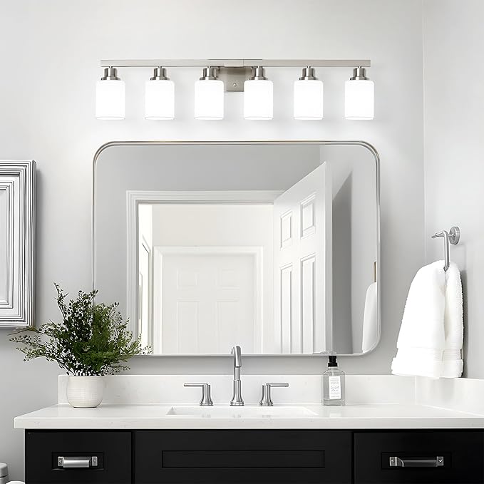 6-Light Bathroom Vanity Light,Brushed Nickel Vanity Lights with Square Frosted Glass,Modern Bathroom Wall Lights Fixtures Over Mirror,Wall Sconces Lighting for Bedroom Living Room,E26