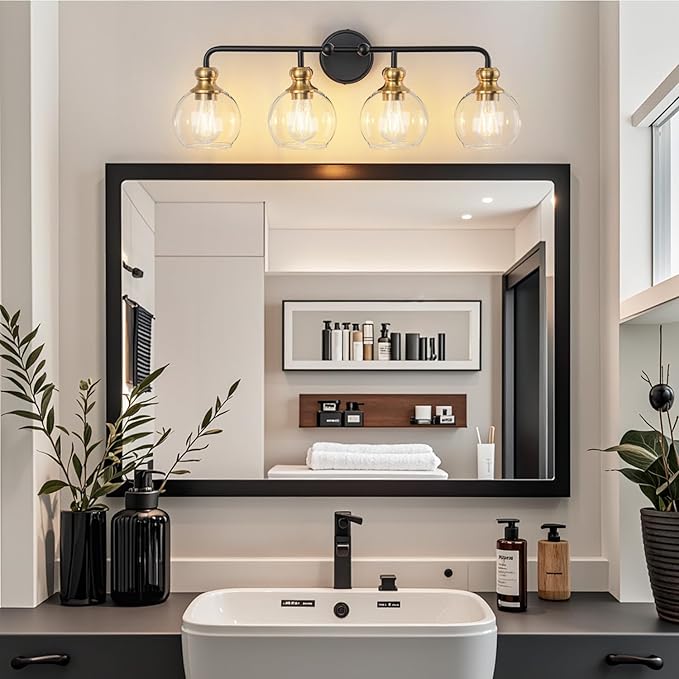 Black and Gold 4-Light Bathroom Vanity Fixture with Clear Glass Shades Modern Wall Lamp Suitable for Bathrooms, Dressing Rooms