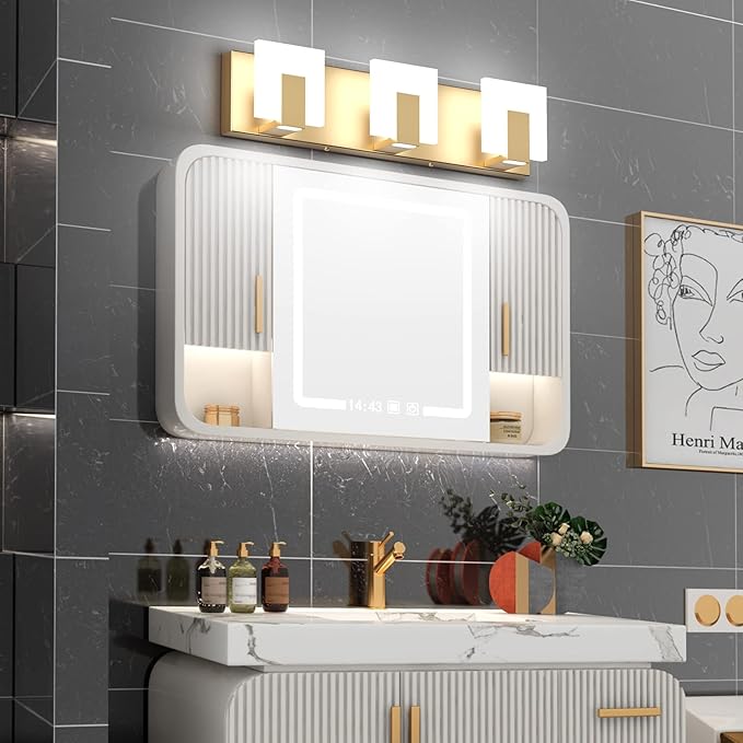 Aipsun Gold Bathroom Vanity Light Fixtures Modern LED 3 Lights Vanity Light for Bathroom Up and Down Wall Light Fixtures 6000K