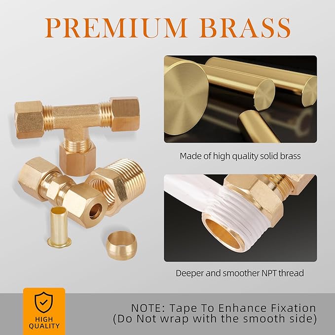 135PCS Brass Compression Tube Pipe Fittings Kits, 1/8" 3/16" 1/4" 3/8" 1/2" Union/Tee/Elbow/Straight Connector for Industrial Use and Trucks Trailers