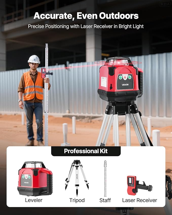 VEVOR Rotary Laser Level Kit, 1650ft 360-Degree Self Leveling Red Horizontal Laser Transit,with Heavy-duty Tripod, Receiver, Remote Control, Toolcase, IP54 Waterproof, 0.06 in/100 ft for Construction