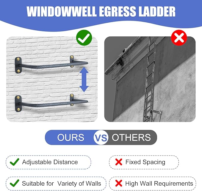 4-Rung Window Well Ladder, Heavy Duty Steel Ladder, Adjustable Basement Egress Ladder, Multi-Purpose Wall Muonted Ladder for Home Safety, Rv Ladder,700LBS