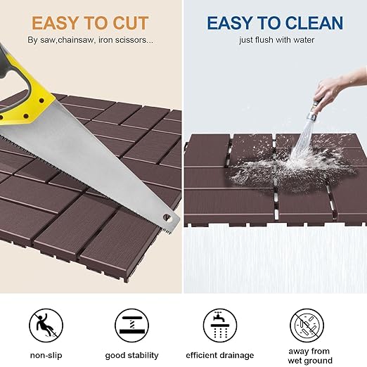 Goovilla Plastic Interlocking Deck Tiles, 36 Pack Outdoor Patio Flooring, 12"x12" Interlocking Decking Tile Outdoor All Weather Use, Waterproof Patio Pavers for Pool Balcony Backyard Porch, Dark Brown