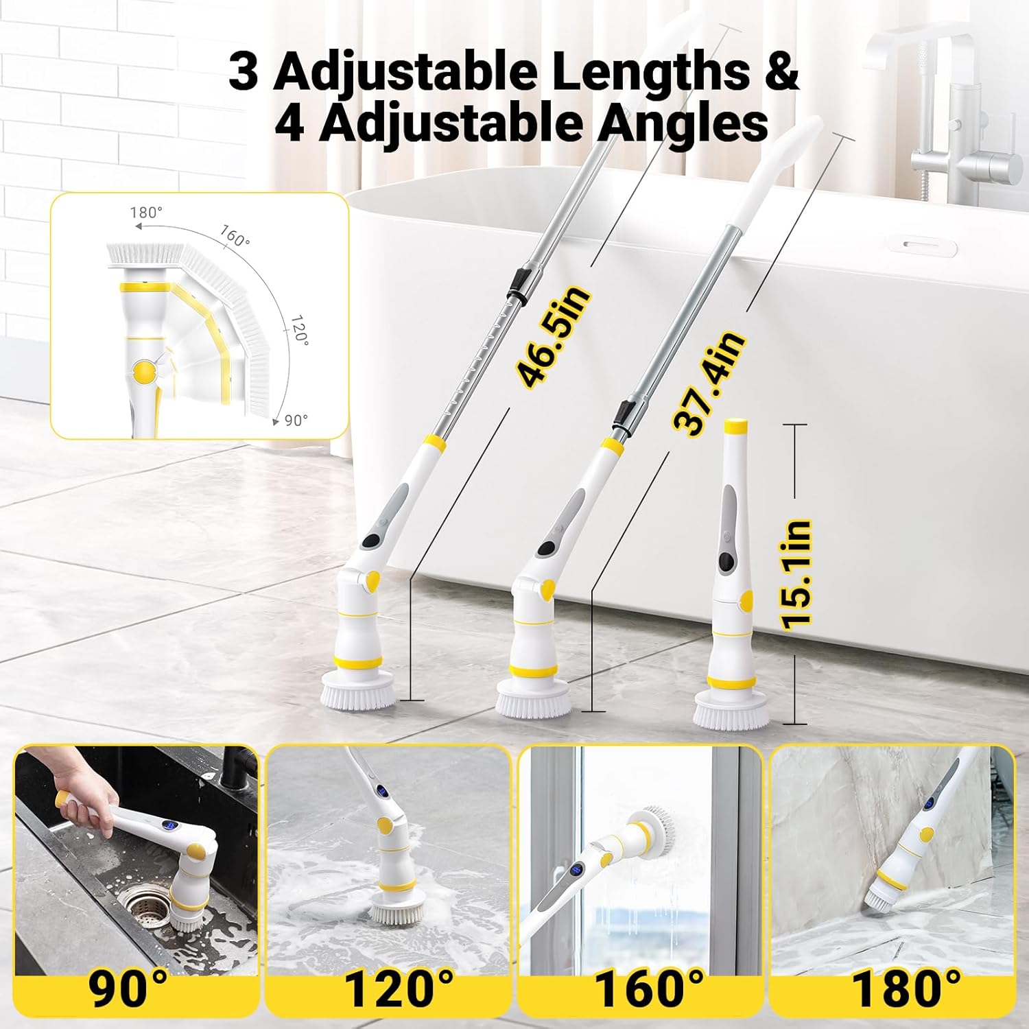 Electric Spin Scrubber, Cordless Cleaning Brush with LED Display, 4 Adjustable Angles, 3 Speeds, 2H Runtime, Adjustable Handle, 5 Brush Heads for Bathroom Tub Kitchen Tile Floor Car