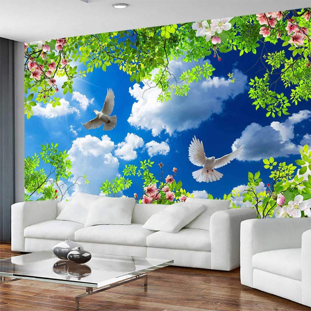 Green Plants Wrapped in Pigeons Flying Freely Under The Blue Sky and White Clouds Wallpaper for Large Background Wall murals(Non-self-Adhesive)