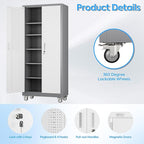 71" H×32" W×16" D Garage Storage Cabinet with Wheels & Pegboard, Locking Metal Storage Cabinet with Doors and 5 Adjustable Shelves & 4 Hooks for Garage Warehouse Home Office, White and Gray