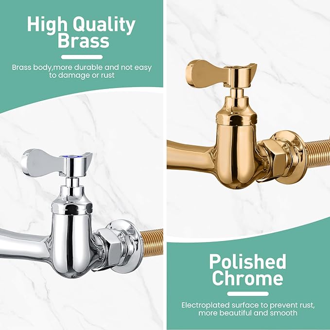 Wall Mount Commercial Sink Faucet with 8" Swivel Spout, 8" Center Wall Mount Kitchen Faucet, Dual Handles Brass Utility Sink Faucet for Laundry Room Restaurant
