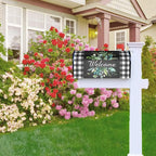 Kawani Buffalo Plaid Mailbox Cover - Black & White Plaid with Leaves - Magnetic Welcome - Standard Size 21 x 18 Inches