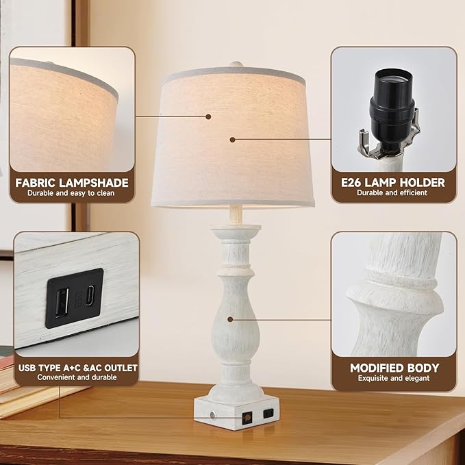 Terpsichore Touch Dimmable Desk Lamp Table Lamps Set of 2 Vintage Night Stand Light Farmhouse Resin Lamp,Bedside Lamps with USB Ports &Outlets,for Bedroom,Living Room,Office,Dining Room,Reading