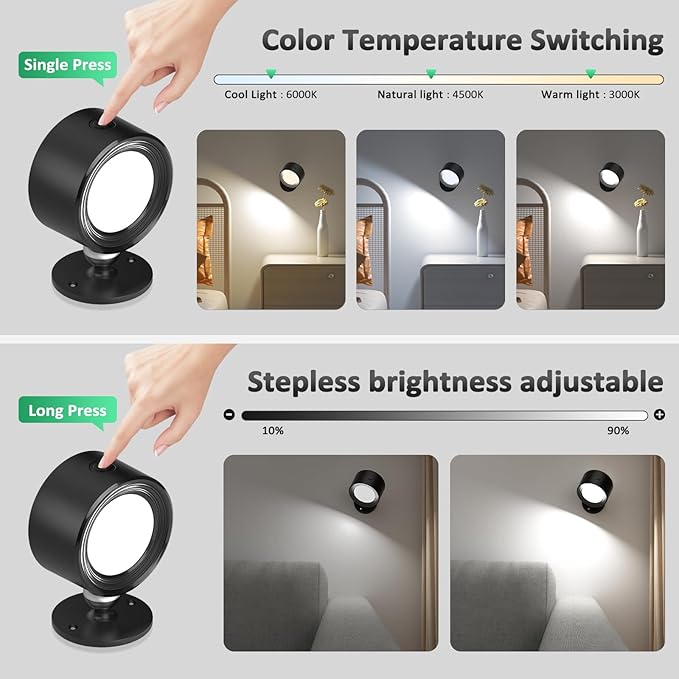 Lightbiz LED Wall Mounted Lights 3 Pcs with Remote, Wall Sconces Lamp 3000mAh Rechargeable Battery Operated, 3 Color Temperatures & Dimmable Magnetic 360° Rotation Cordless Light for Bedroom Bedside