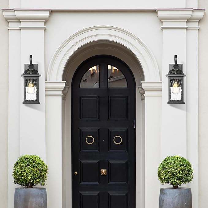 Darkaway Outdoor Lights Fixture Wall Mount, Exterior Wall Light with Water Ripple Glass Waterproof Black Outside Wall Sconce for House Porch Hallway Garage