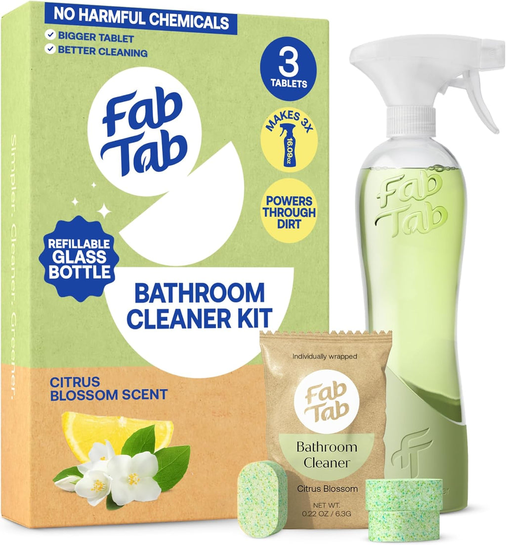 Fab Tab Bathroom Cleaner Starter Kit - Natural Cleaning Products - Household Cleaners - All-Purpose Cleaner Tablets - Plant-Based - Plastic-Free | Citrus Scent | No Harsh Chemicals