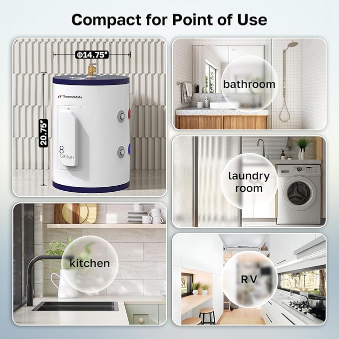 ThermoMate Tank Water Heater Electric, 8 Gallon Small Point of Use Residential Hot Water Heater, 1500W 120Volt Compact, Adjustable Thermostat, UL Listed (ES900)