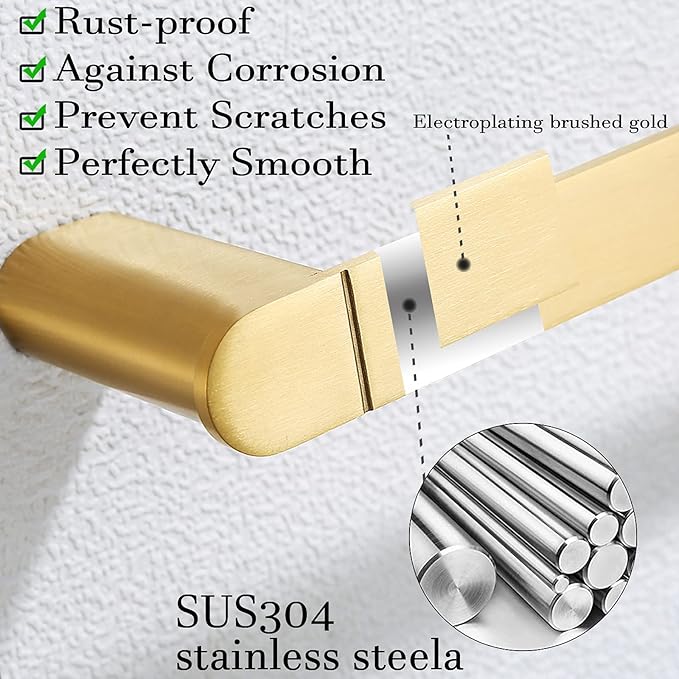 RANDOM Brushed Gold Bathroom Hardware Set Bathroom Towel Holder Set 4 Piece Include 18” Gold Towel Bar Toilet Paper Holder and 2 Towel Hooks Wall Mount Stainless Steel Brushed Gold Towel Bar Set