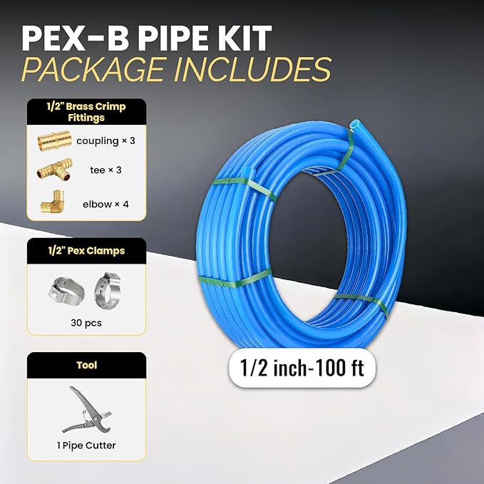 1/2 Inch-100 ft Foskan Blue PEX-B Pipe,Water Tubing with a Pipe Cutter,10 PCS Brass Crimp Fittings & 30 PCS Pex Clamps
