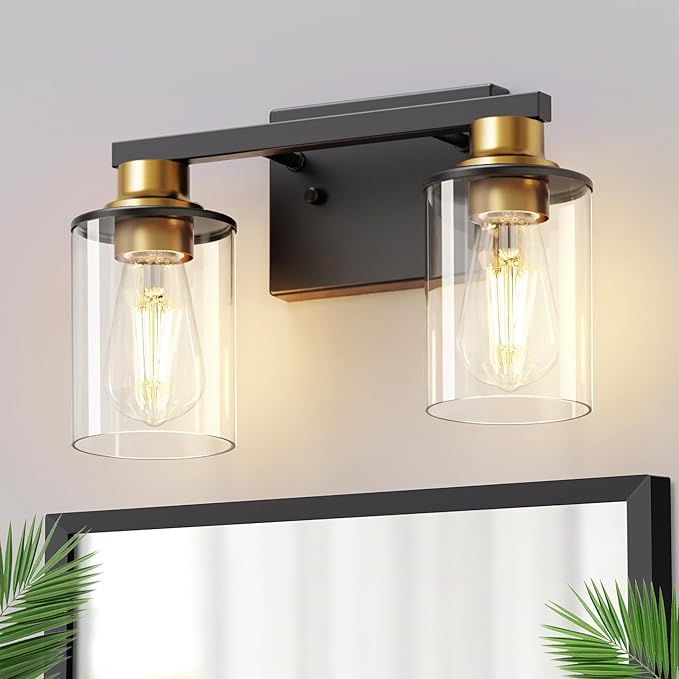 DORESshop Bathroom Light Fixtures, 2-Light Black and Gold Bathroom Lights Over Mirror with Clear Glass Shade, Vanity Lights for Hallway Bedroom Living Room, ETL Listed