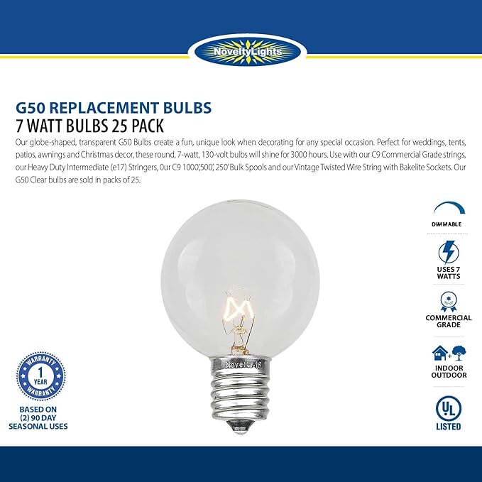 Novelty Lights 5 Pack G50 Outdoor Patio Globe Replacement Bulbs, Clear, E17/C9 Intermediate Base, 7 Watt
