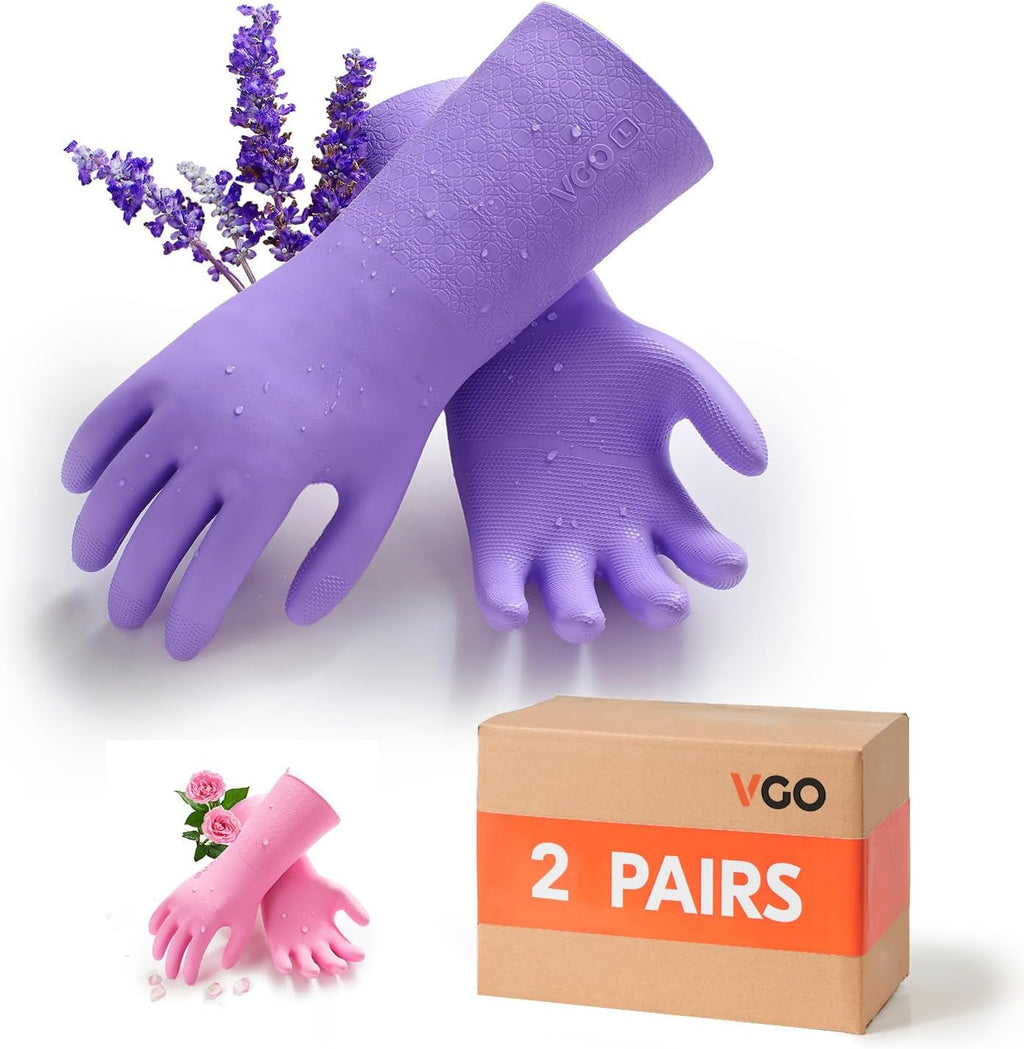 Vgo... Household Cleaning Gloves,Double-layer,Lined Dishwashing Gloves,Long Sleeves for Kitchen,Bathroom Cleaning(TP1117)