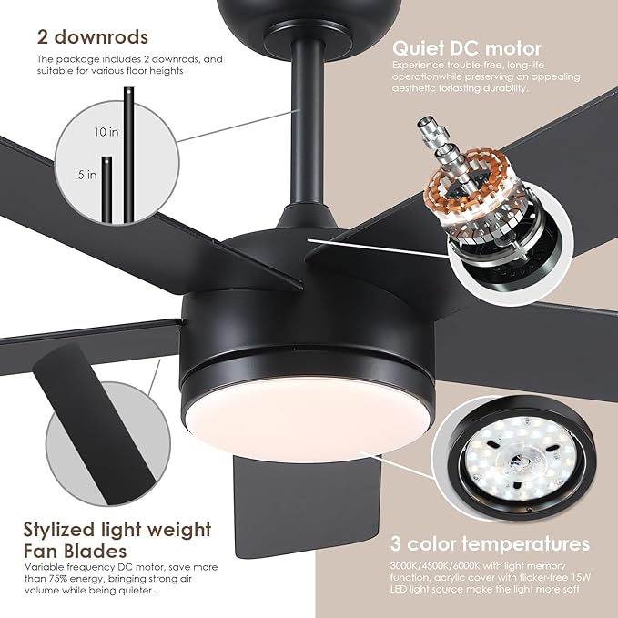 46" Black Ceiling Fans with Lights - Low Profile Ceiling Fan with Lights and Remote/APP, 5 Dual-Sided Blades, Reversible DC Motor, Modern Ceiling Fan for Indoor and Outdoor Use
