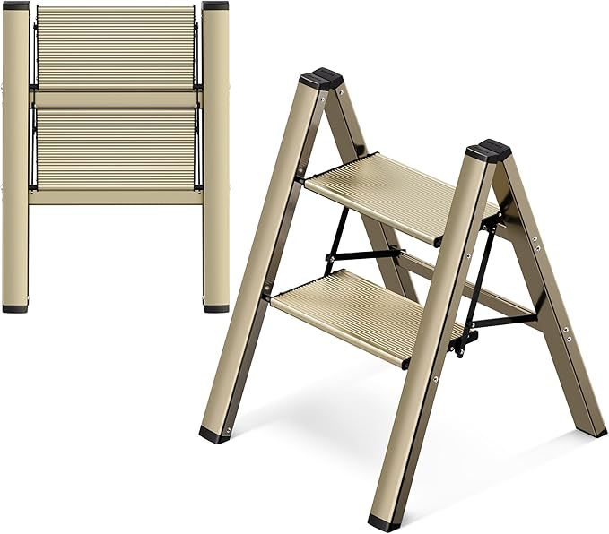 GameGem 2 Step Ladder, Aluminum Folding Step Stool with Anti-Slip Sturdy and Wide Pedal, Lightweight Portable Stepladder for Home and Kitchen Use Space Saving, 330 lbs, Champagne Gold