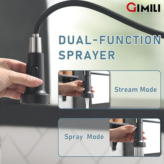 GIMILI Black and Gold Kitchen Faucet with Soap Dispenser Commercial Single Handle Spring Pull Out Kitchen Sink Faucets with Pull Down Sprayer