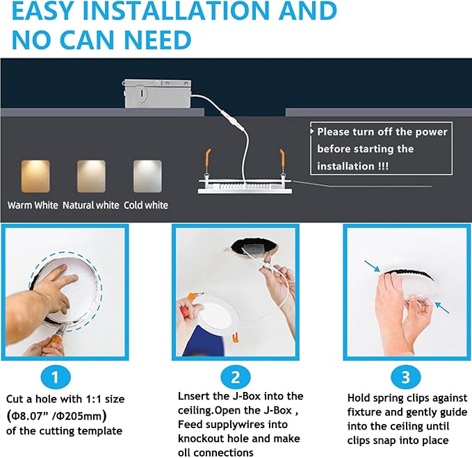 8 Inch LED Recessed Light with Junction Box.6Pack Ultra Thin LED Recessed Lights 3CCT 3000K/4000K/6000K Selectable Dimmable,18W 8" Ceiling Canless Light Downlight, Can Killer Lighting CR80+