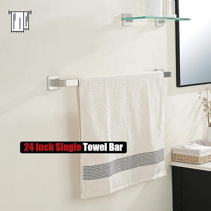 JQK Brushed Towel Bar, Rounded Edges 26.41 Inch Towel Rack, 304 Stainless Steel Bathroom Wall Mount, Useable Length 24 Inch, TB250L24-BN