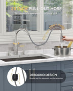 APPASO 2 Handle Kitchen Faucet, Brushed Nickel 3 Hole Kitchen Sink Faucet，Modern High Arc 3 Modes Stainless Steel Faucet for Kitchen Sink