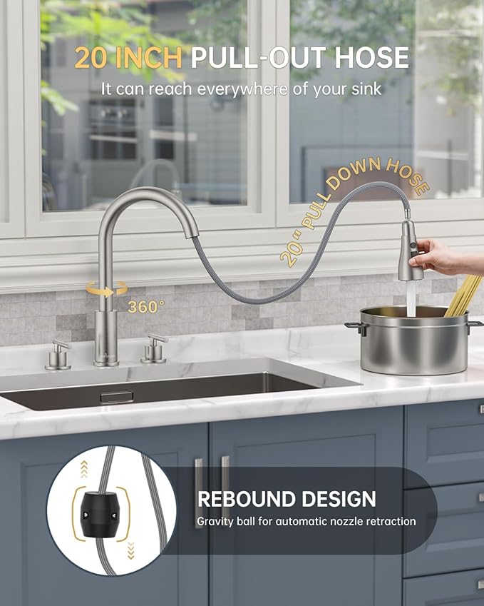 APPASO 2 Handle Kitchen Faucet, Brushed Nickel 3 Hole Kitchen Sink Faucet，Modern High Arc 3 Modes Stainless Steel Faucet for Kitchen Sink