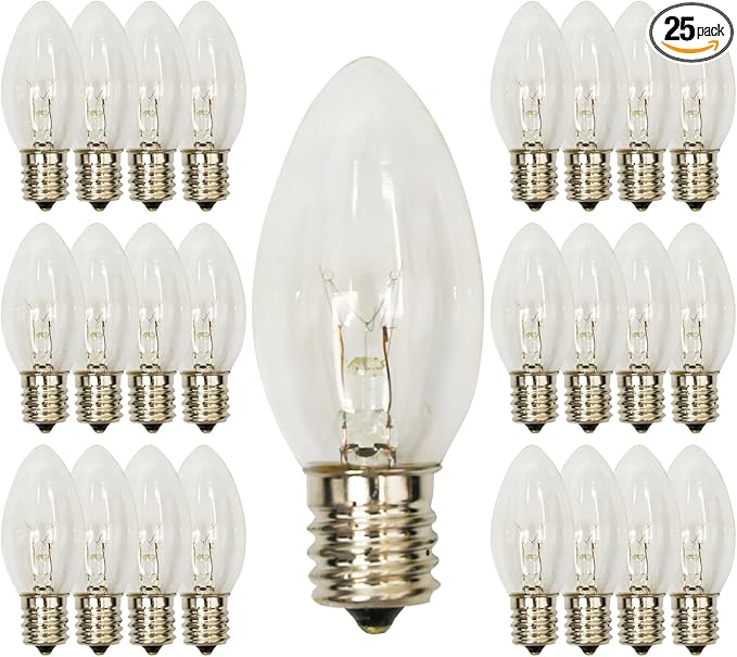 25 Pack C9 Clear Light Bulbs,Replacement Incandescent Bulbs for Christmas String Light,C9/E17 Candelabra Base 7 Watt Great for Outdoor Indoor Holiday Party