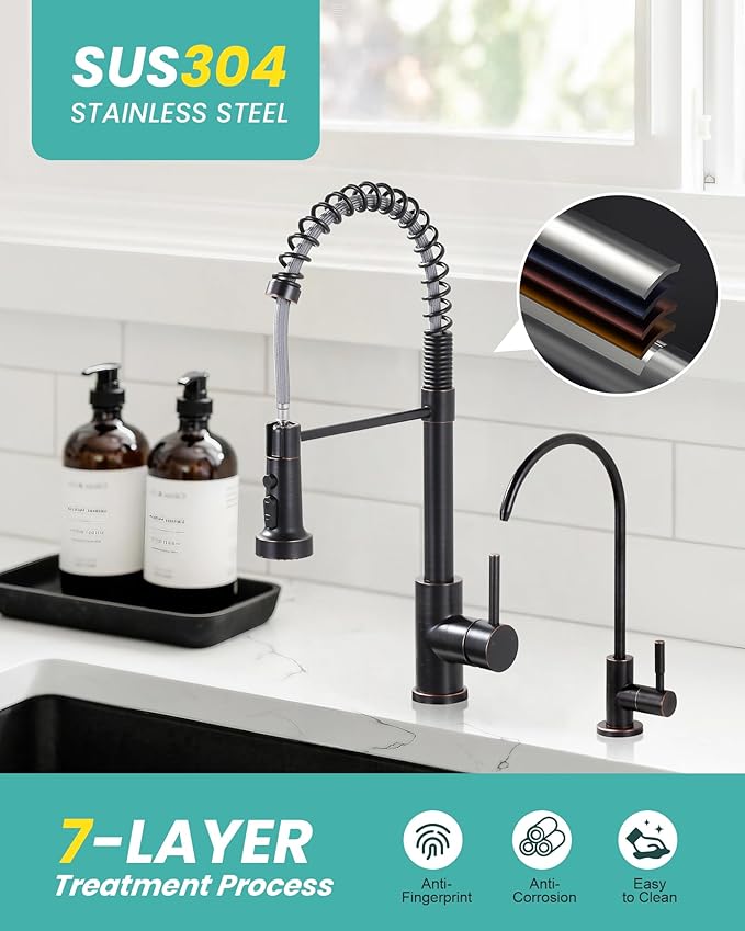 Kitchen Faucet and Water Filter Faucet: Stainless Steel Kitchen Sink Faucet with Drinking Water Faucet - Oil Rubbed Bronze Single Handle Tap with Pull Down Sprayer for Kitchen Sink Farmhouse Bar
