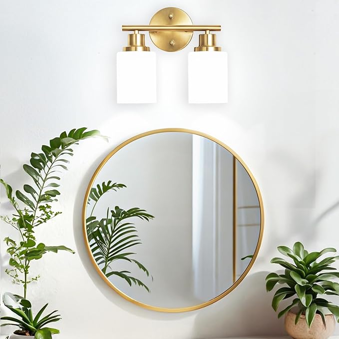 2-Light Vanity Lights, Brushed Gold Bathroom Light Fixture with Striped Textured Milky White Glass Shade, Modern Vanity Lighting Fixture for Bathroom Wall Light Over Mirror, E26 Wall Sconce