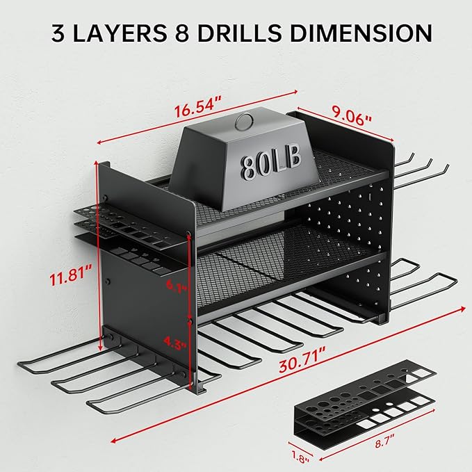 Power Tool Organizer Wall Mount, 3 Layer 8 Drill Holder Tool Shelf Storage Rack for Garage Organization, Birthday Gifts for Him Men Dad Husband Anniversary Fathers Day, Cool Gadget Stocking Stuffer