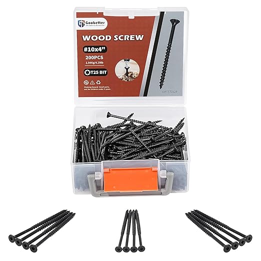 Deck Screws 4 Inch, Wood Screws #10 x 4, 200PCS Exterior Wood Screws, Torx Head, Fence Construction Screws, Rust Resistant Epoxy Coated, T25 Bits Included, Black