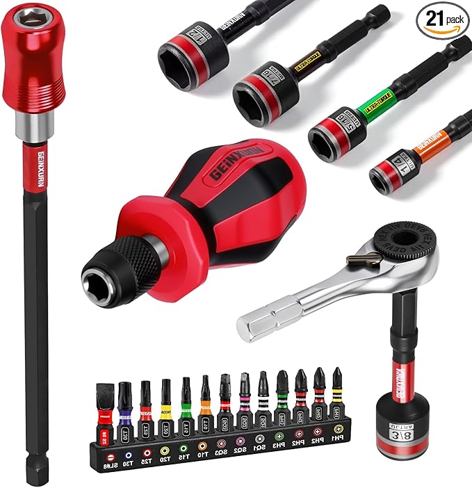 21 Pieces Tool Kit Include Mini Rachet Wrench, S2 Steel Screwdriver Bit, Mini Screwdriver Handle, Magnetic Locking Bit Holder and Nut Driver, Portable Hand Tools Set for Repair