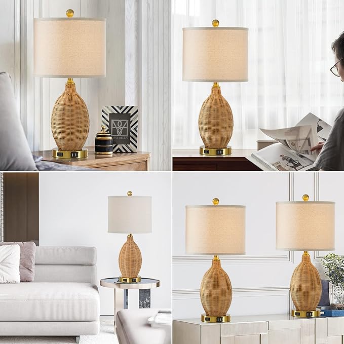 Touch Control Rattan Table Lamps, 3 Way Dimmable Bedside Lamps for Bedroom Set of 2 with 2 USB Ports and AC Outlet, Gold Wicker Nightstand Lamps for Living Room Office (LED Bulbs Included)