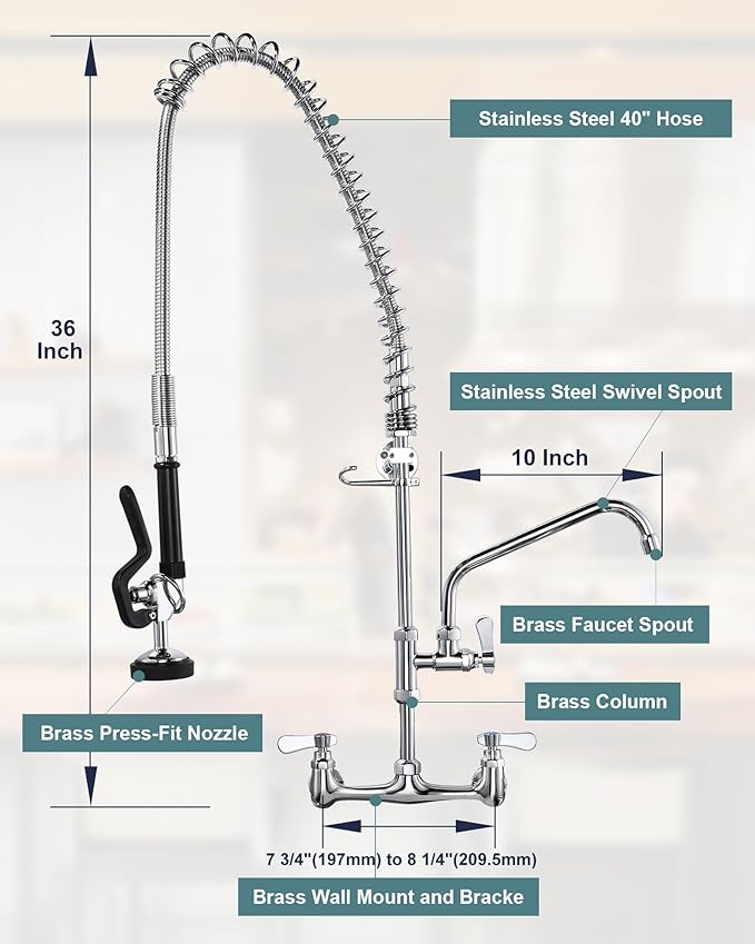 36" Height Commercial Faucet Wall Mount with Sprayer 8" Adjustable Center 10" Swing Spout, Kitchen Sink Faucet with Pull Down Pre-Rinse Sprayer for Restaurant Industrial Kitchen, Chrome