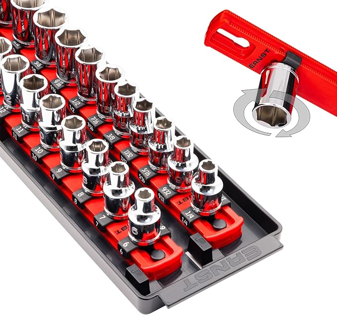 Ernst Mfg. 8493 RD Socket BOSS Tray High-Density System with (2) Red 13" Socket Rail + (28) Twist Lock Clips, 3/8" Drive - Made in USA