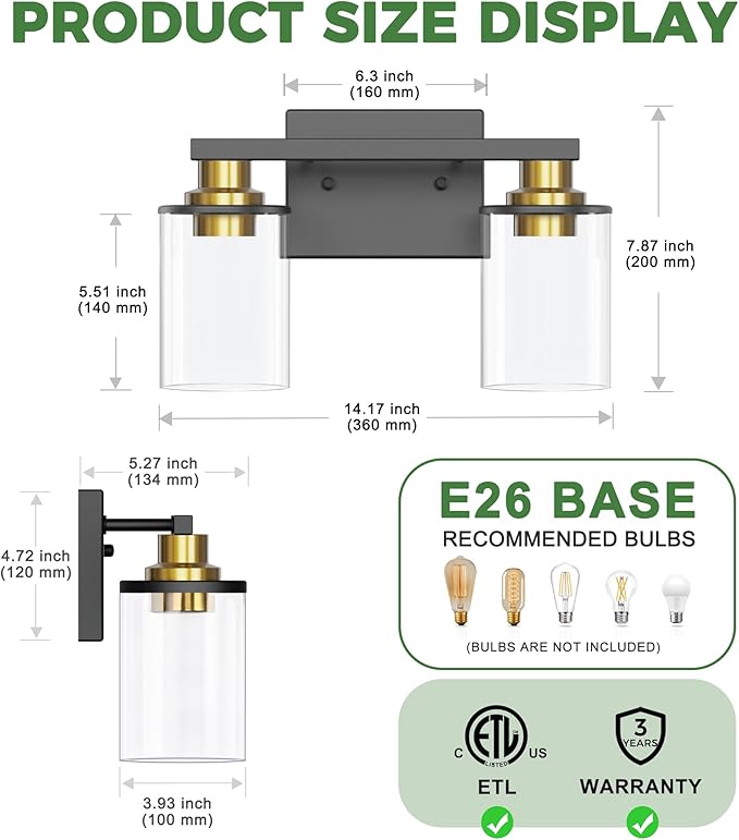 DORESshop Bathroom Light Fixtures, 2-Light Black and Gold Bathroom Lights Over Mirror with Clear Glass Shade, Vanity Lights for Hallway Bedroom Living Room, ETL Listed