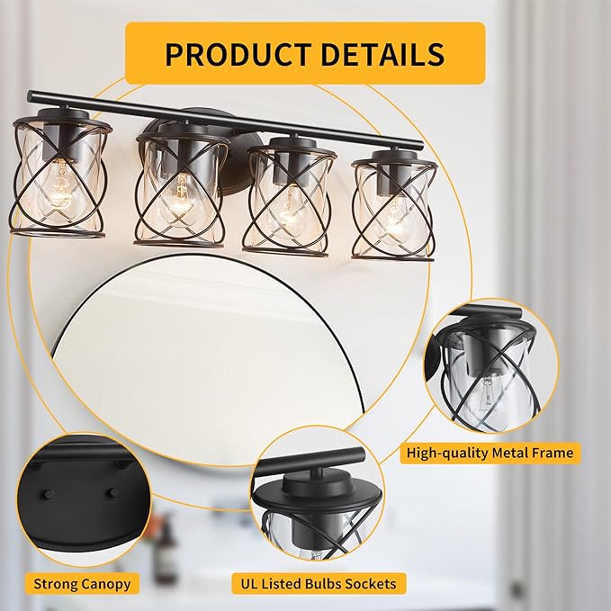 4-Lights Bathroom Light Fixtures, Matte Black Modern Vanity Light Over Mirror, Bathroom Wall Lamp for Mirror Kitchen Living Room Hallway Porch, Farmhouse Wall Lights with Clear Glass Cage Shade