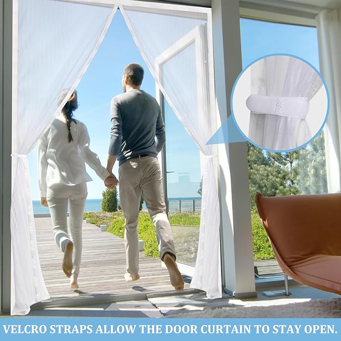 Magnetic Screen Door - Self Sealing, Heavy Duty, Hands Free Mesh Partition Keeps Bugs Out Let Breeze in- Pet and Kid Friendly - Keep Open Feature (White, Fit Door Size 38 x 80 Inch)