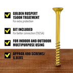 #10 x 3 Wood Screws by Grindy (400pack/6.6LBS) – DIY Deck Screws for Cabinet, Furniture & Other Projects – 1500H Golden Ruspert Treatment – for Indoor & Outdoor Use