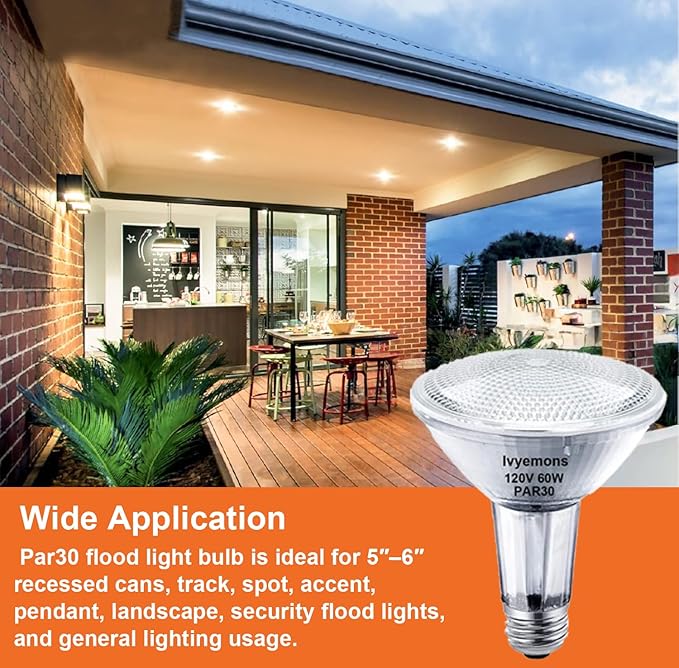 Par30 Flood Light Bulbs, 6-Pack Dimmable Par30 Halogen Bulb 2800K Warm White Flicker Free Par30 Long Neck Halogen 60W Bulb E26 Base for Accent Lighting, Tracking Lighting & Recessed Lighting