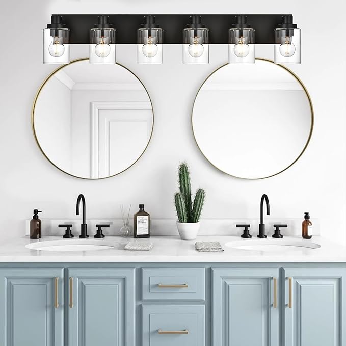 6 Light Bathroom Vanity Lights, Bathroom Lighting Fixtures over Mirror with Clear Glass Shades, Black Vanity Light For Bathoom, Modern Wall Sconces Vanity Lighting Fixture for Bathroom Hallway