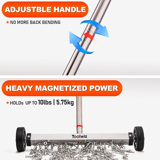 Toolwiz Magnetic Pick Up Sweeper 15-inch Heavy Duty Magnet Pickup Lawn Sweeper Roofing Tools, 10 Lbs Yard Tools with Telescoping Holder and Wheels to Clean Nails Adjustable Handle for Construction