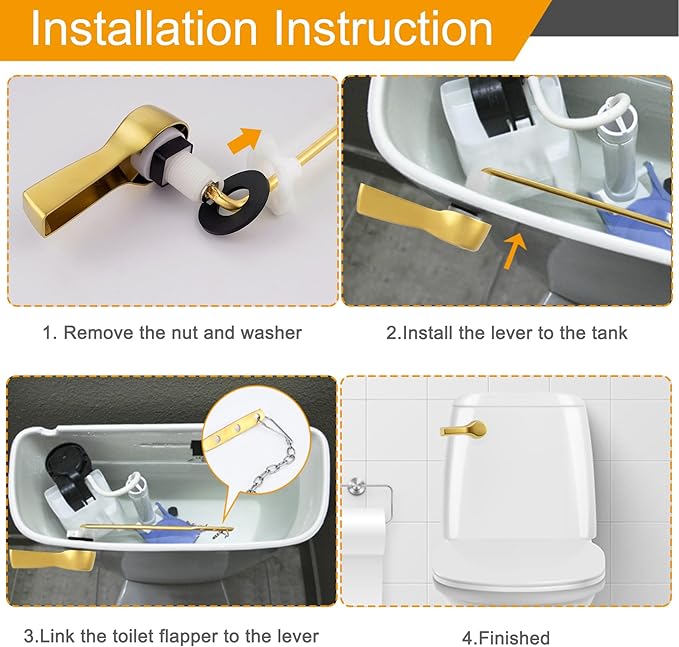 Hibbent Universal Metal Front Mount Toilet Handle Replacement Kit, Brass Toilet Flush Tank Lever with Stainless Steel Flapper Chains for Most Toilets, Brushed Gold Finish