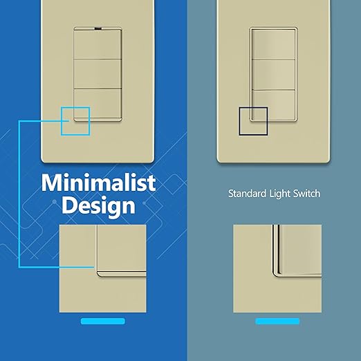 LIDER Minimalist Design Matte Finish Lighted Triple Switch with Screwless Wall Plate, Combination Frameless Decorator Switch with Locator Light, Ground Terminal Single Pole, 15A 120V, UL Listed, Ivory