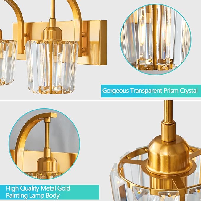 Modern Bathroom Vanity Light, 2-Light Gold Wall Sconce with Crystal Accents, Over Mirror Bathroom Lighting Fixture, 13.77" Long Dimmable Vanity Lamp for Makeup, Easy Installation