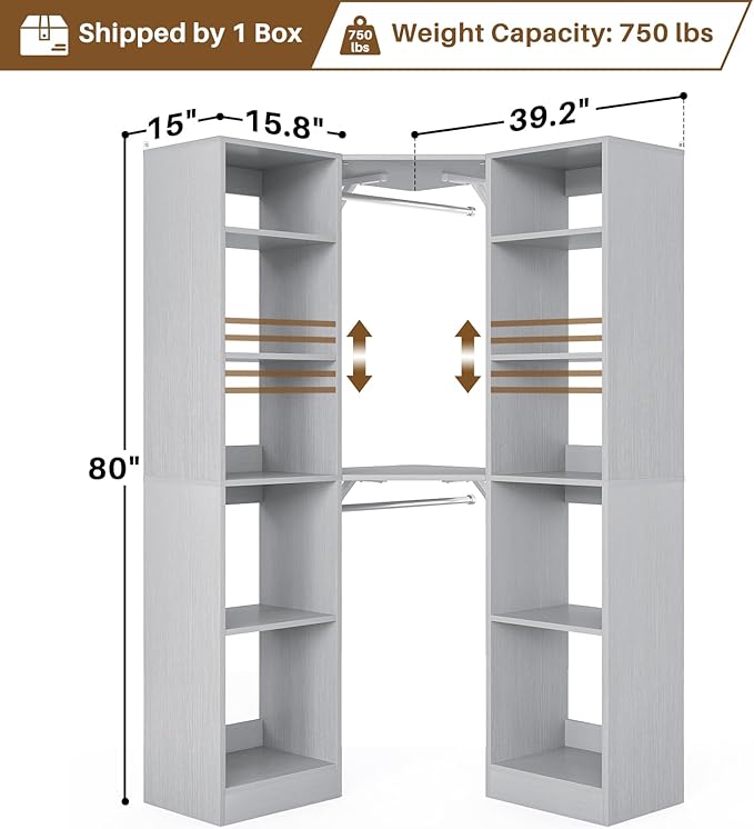 Corner Closet System with 12 Shelves, 39.2" Corner Closet Organizer System with 2 Hanging Rods, Versatile 6-Tier Walk-in Closets for Corner Space, Grey (39.2" L x 39.2" W x 80" H)